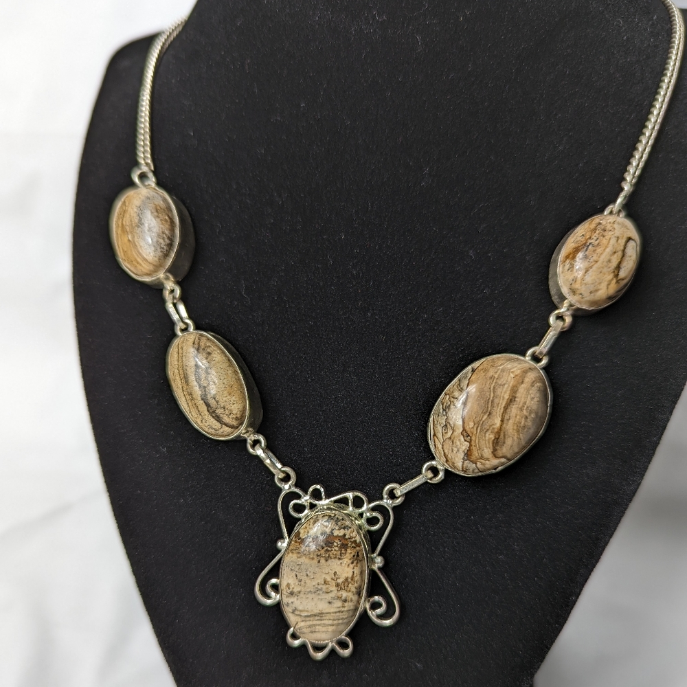 Sterling and jasper bib necklace